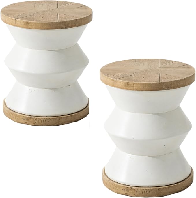 COSIEST Outdoor Side Table Set of 2, Round MgO Concrete Side Table, Patio End Table, Lightweight Concrete Accent Table with Rotund Base, Cylinder Top Plant Stand for Garden and Deck