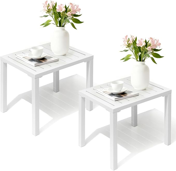 Crestlive Products Aluminum Outdoor Side Table Set of 2, White Small Rectangular Weather Resistant Coffee End Tables for Patio Balcony Pool Deck