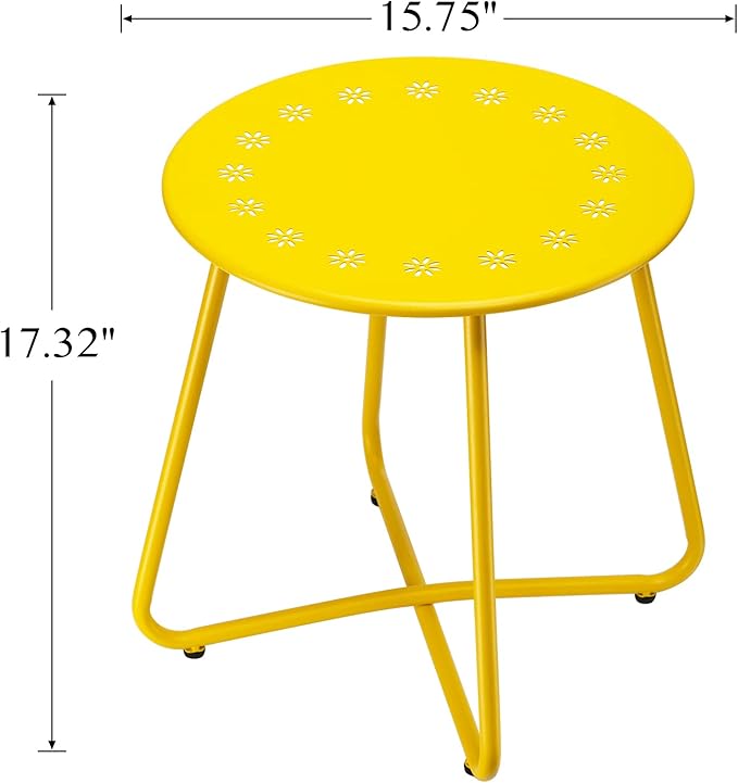 danpinera Outdoor Side Tables with Flower Cut Outs, Weather Resistant Steel Patio Side Table, Small Round Outdoor End Table Metal Side Table for Patio Yard Balcony Garden Yellow