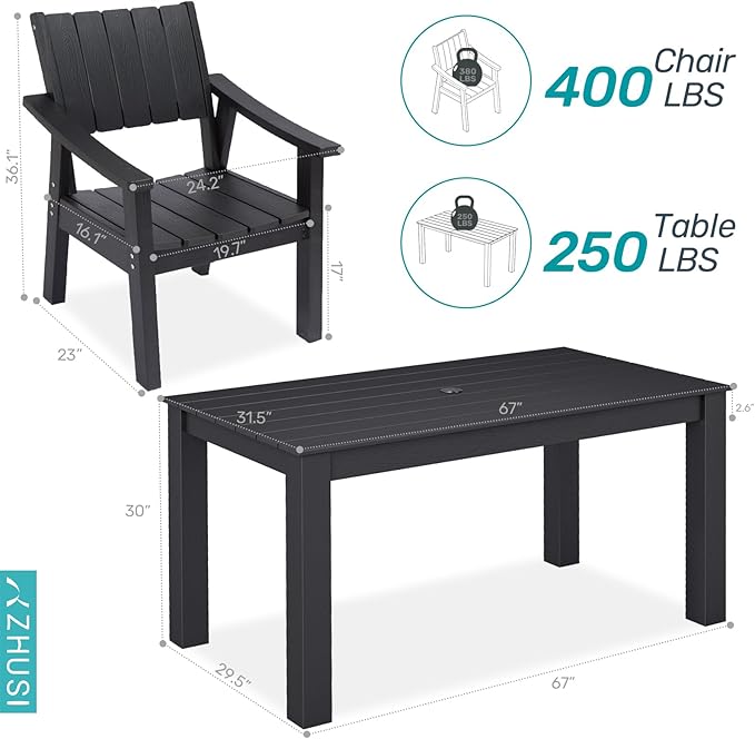 ZHUSI Patio Table and Chairs Set, Outdoor Table and Chairs,HDPE Outdoor Dining Set with Umbrella Hole for Backyard, Poolside, Porch (Black, 7 PC)