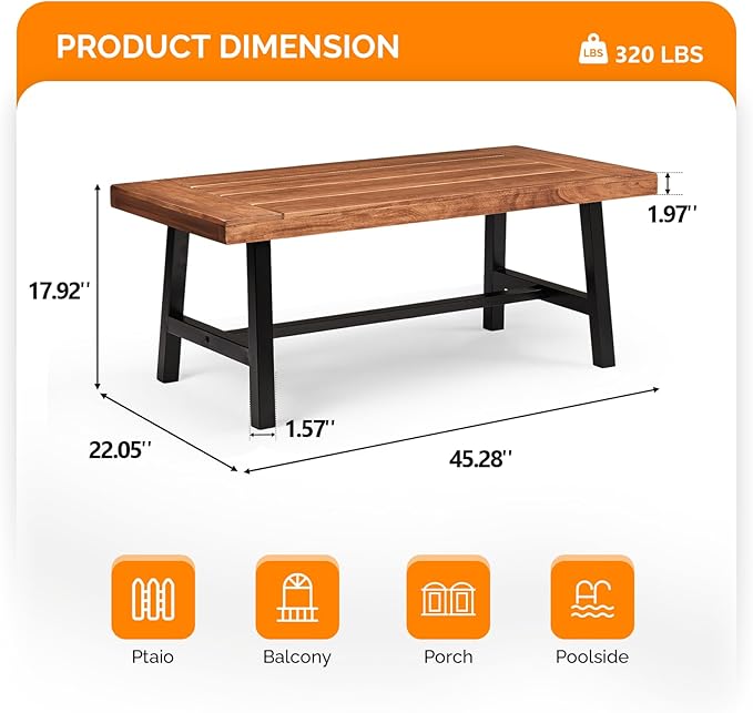 VINGLI Outdoor Wooden Coffee Table with Metal Frame - Heavy Duty 350lbs All-Weather Patio Table, Waterproof Solid Wood Top & Rust-Proof Steel Base for Balcony, Porch, Deck, Garden, Rectangle