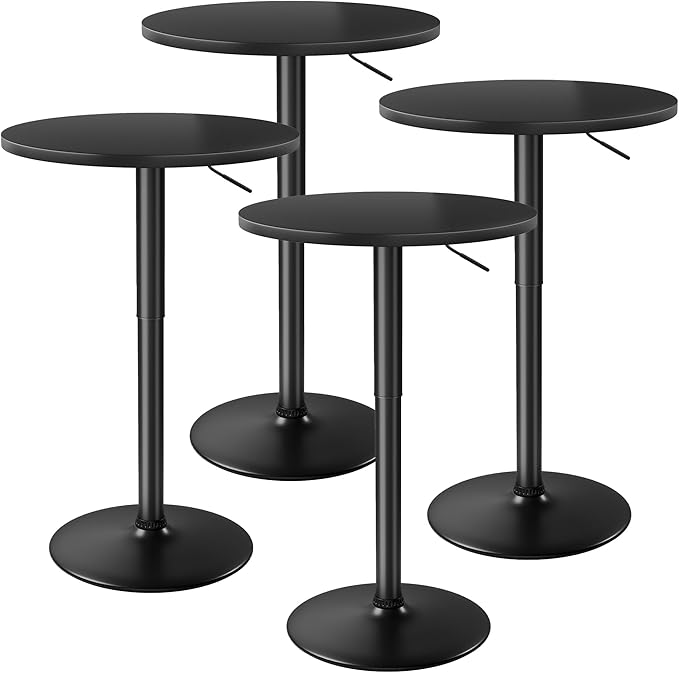 Flamaker Round Bistro Pub Table 23.6 Inch Height Adjustable 360° Swivel Bar Table Metal Base for Pub, Dining Room, Party (4, Full Black)