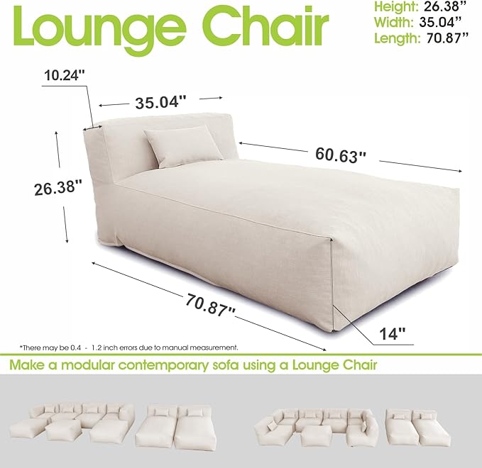 Outdoor Bean Bed Chair Sun Lounger, Outdoor Couch Sofa for Patio & Pool, Foam Filling Day Bed Furniture, Comfy Lazy Sofa for Outside, Water-Resistant Seating (Light Beige, 70'' L)