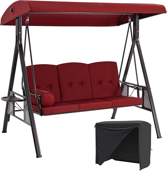 AECOJOY Outdoor Porch Swing with Cover, 3-Seat Patio Swings with Adjustable Canopy, Outside Swing for Adult with Burgundy Removable Cushions for Backyard, Garden, Yard, Poolside, Balcony