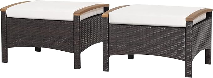 RELAX4LIFE Outdoor Wicker Ottomans for Patio - 2 Pieces PE Rattan Ottoman, Footrest Seat with Zippered Cushions, Acacia Wood Handles, 3-in-1 Footstool, Side Table for Poolside, Backyard (Off White)