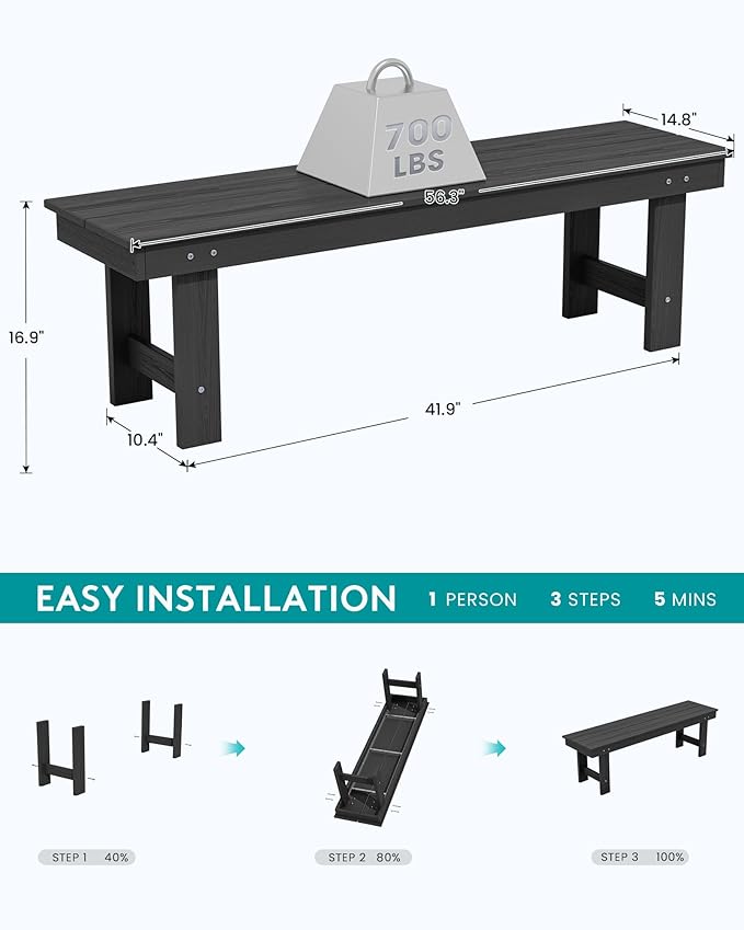 SERWALL 2-Person Outdoor Bench Backless, HDPE Outdoor Benches Weatherproof, 700 Lbs Weight Capacity, Poly Lumber Patio Furniture for Garden, Porch and Park, Black, 2 Pack