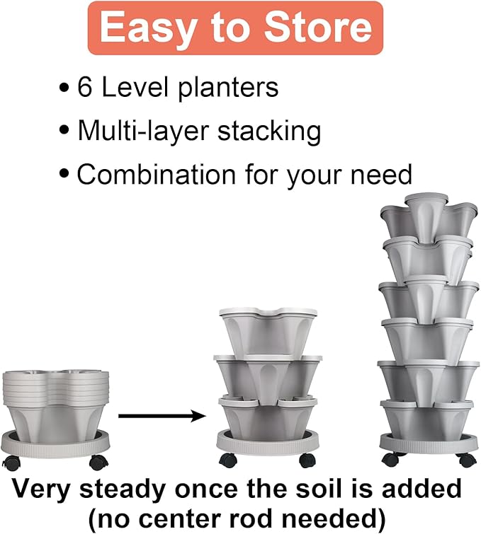 DUNCHATY Stackable Planter, Vertical Garden Planter with Wheels and Tools, Self Watering Strawberry Planter Indoor/Outdoor 6 Tier Herb Planter Pots for Growing Vegetables and Succulents,Gray