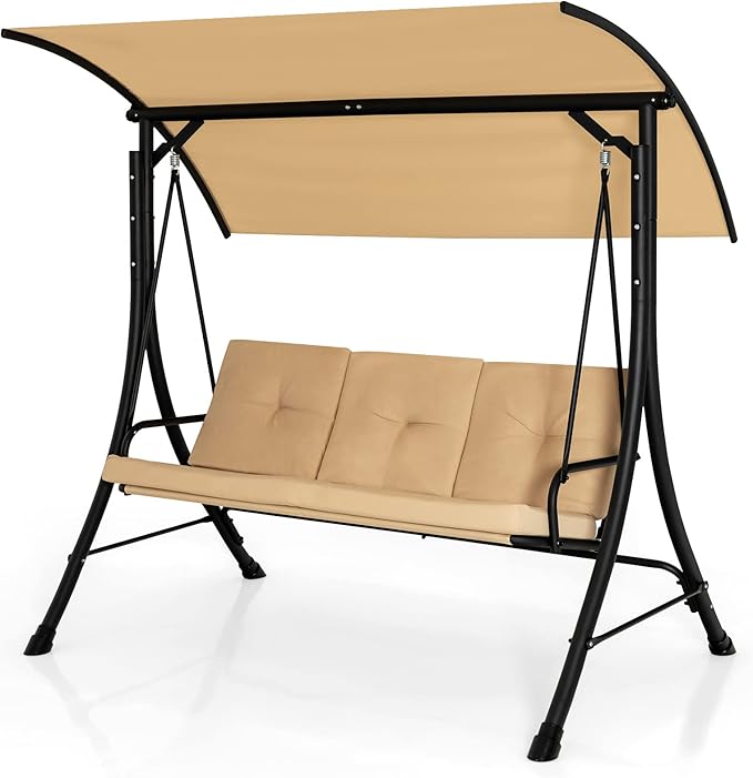 Tangkula 3 Person Porch Swing, Outdoor Swing with Removable Cushions, Solid Steel Structure, Patio Swing with Adjustable Canopy for Garden, Backyard, Balcony, Poolside Beige