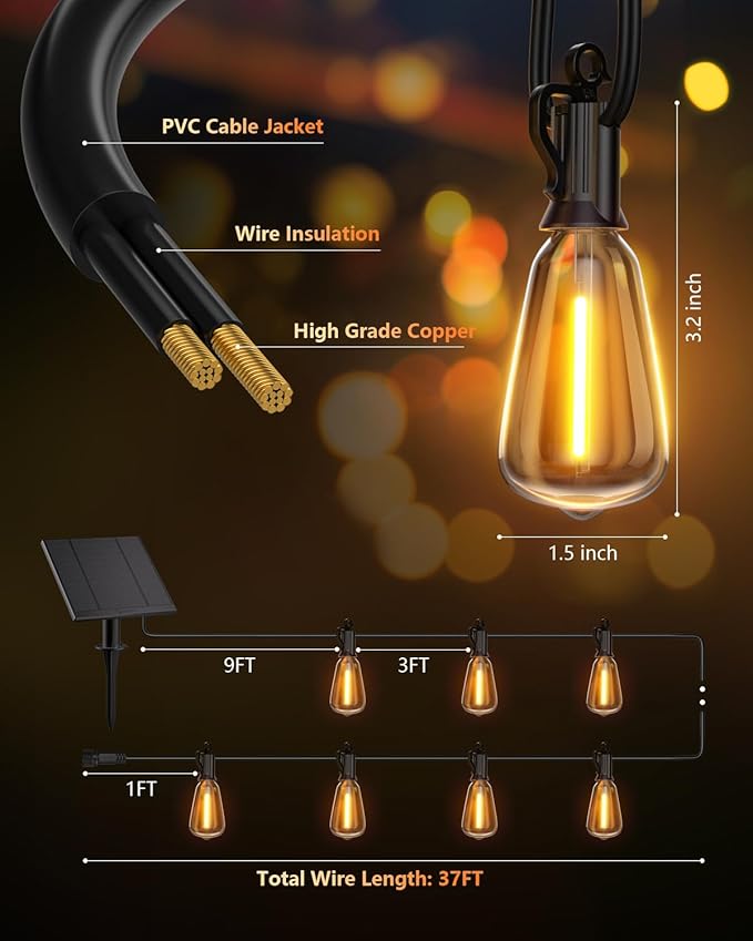 Brightown 37FT Solar String Lights Outdoor Waterproof with Remote, 10+1 LED Shatterproof Bulbs, Dimmable & Timable, 3 Light Modes - Commercial Grade Patio Lights for Garden Backyard Party Decor