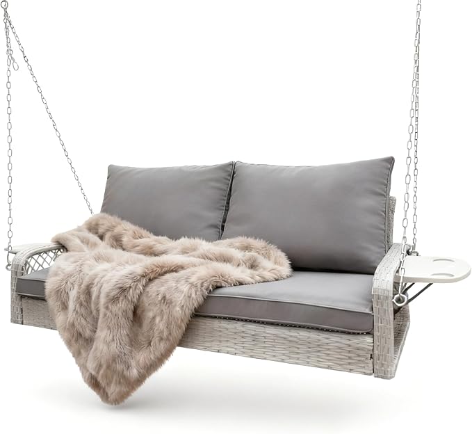 Wicker Porch Swing | 2 Seat Outdoor Porch Swing I 700lbs Heavy Duty Rattan Hanging Bench with Full Seat Cushions & Upgraded Cup Holder for Backyard, Patio, Porch, Gazebo, Garden(Gray)