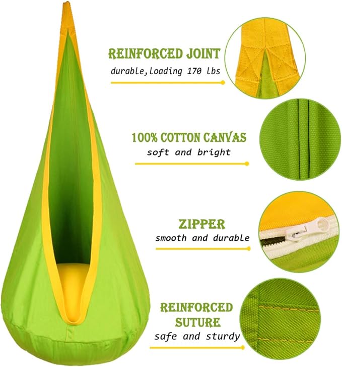 Kids Pod Swing Hanging Seat Child Hammock Chair Indoor and Outdoor Sensory Swing 100% Cotton Loading Capacity 170 lbs (Green)