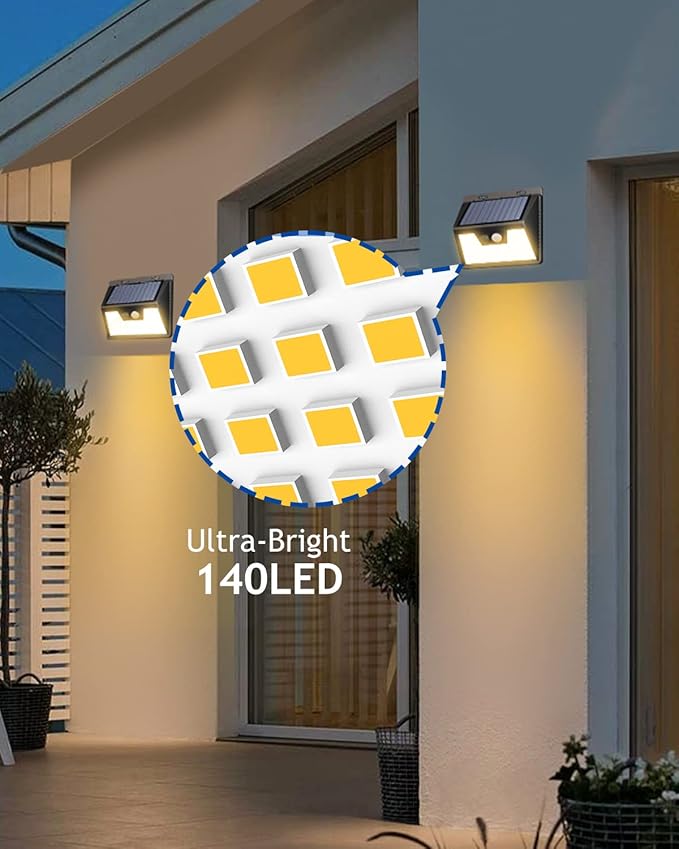 Peasur Solar Lights Outdoor Waterproof [24 Pack/140LED], Warm White Motion Sensor Lights Dusk to Dawn, 3 Modes Solar Fence Security Lighting for Wall Garden Yard Stair Outside