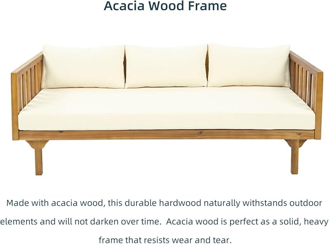 Merax Solid Acacia Wood Couch Chaise Lounge Chair Indoor, 3 Seater Daybed Sofa Couches with Cushions & Pillow, Heavy Frame Day Bed for Living Room, Office, Outdoor, Balcony, Patio, Water Resistant