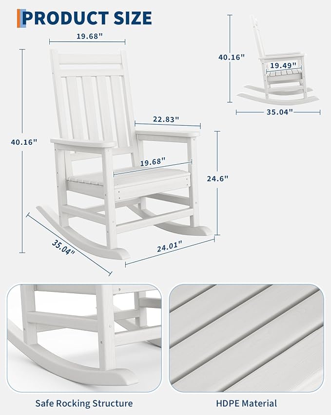 GarveeLife Poly Lumber Rocking Chair Outdoor Set of 2 with Side Table - HDPE High Back Porch Rocker Chairs for Adults - All Weather Resistant Furniture for Patio - White