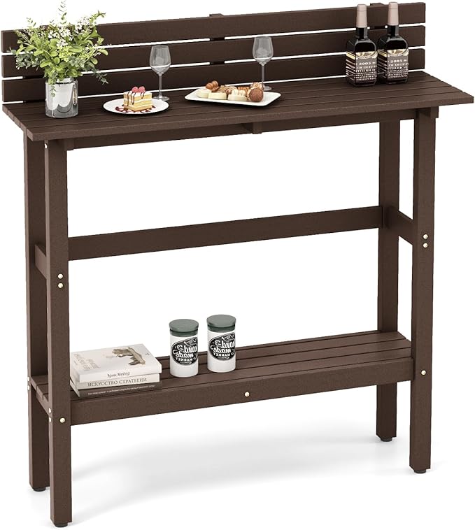 Tangkula Outdoor Bar Table, 48 Inch Patio Pub Height Table with Storage Shelf & Adjustable Foot Pads, All-Weather Bar Height Counter Table, Narrow Dining Table for Hot Tub, Garden & Backyard (Coffee)