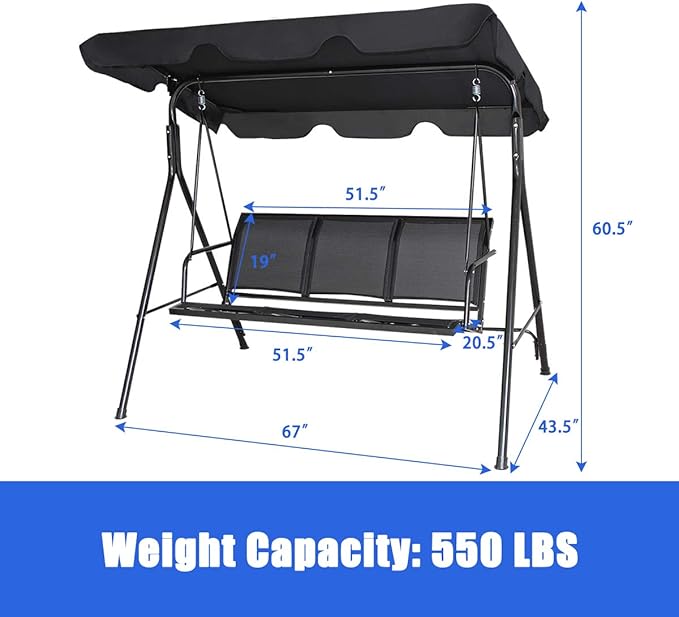 TANGKULA 3 Person Patio Swing, Steel Frame with Polyester Angle Adjustable Canopy, All Weather Resistant Swing Bench, Suitable for Patio, Garden, Poolside, Balcony (Black)