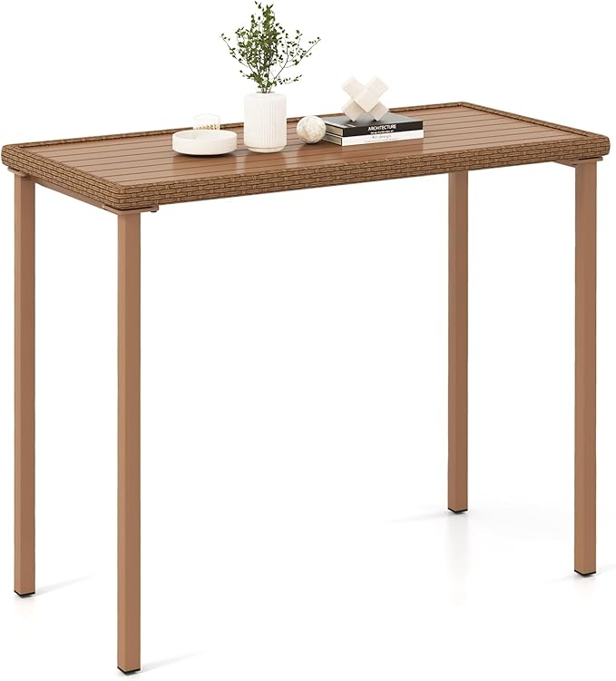 Tangkula Patio Bar Table, Heavy Duty Rectangle Metal Frame 48 Inches Outdoor Counter Height Table, for Backyard, Poolside, Balcony, Lawn