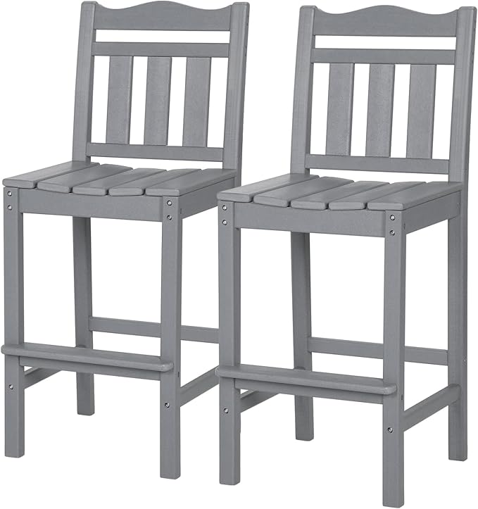 nalone Outdoor Bar Stools Set of 2, HDPE Tall Adirondack Chairs Bar Chairs, Weather Resistance Bar Height Chair for Balcony, Garden, Yard, Backyard (Grey, Bar Chairs Set of 2)