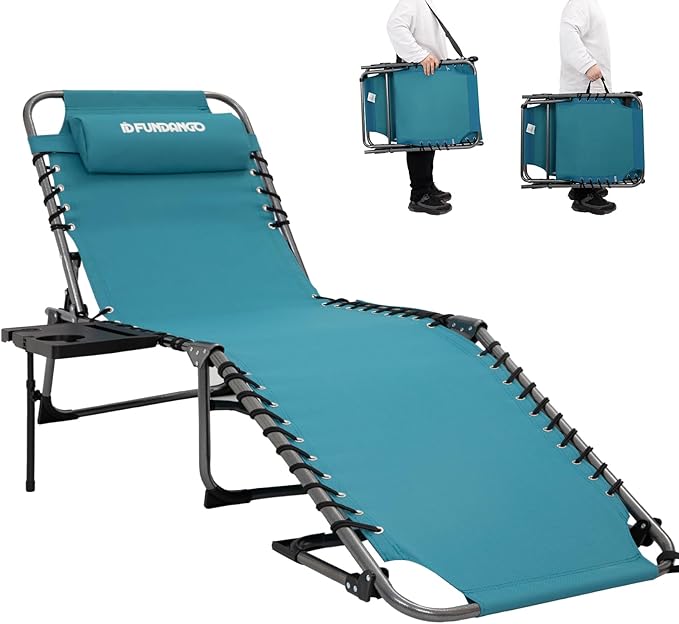 FUNDANGO Chaise Lounge Chair Outdoor, 5-Position Folding Tanning Chair with Detachable Side Table & Pillow, 180° Lay Flat Portable Beach, Heavy Duty U-Frame for Patio, Pool, Lawn, 265lbs (Cyan)