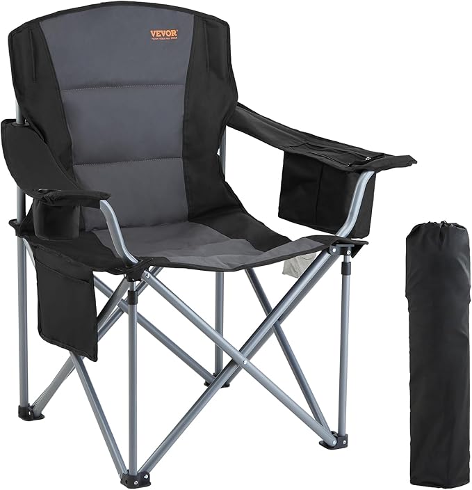 VEVOR Oversized Camping Folding Chair, Portable Heavy Duty Outdoor Quad Lumbar Back Padded with Side Pockets, Cup Holder and Cooler Bag for Beach, Lawn, Picnic, Fishing, Backpacking, Black
