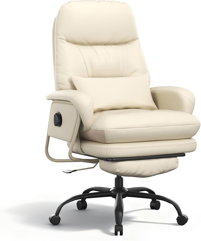 FLEXISPOT Luno 2-in-1 Chaise Lounge Chair Indoor with Wheels Footrest 90-165° Reclining Lumbar Support, Home Office Chairs for Living Room Bedroom Study Working Relaxing, Leather, Beige White