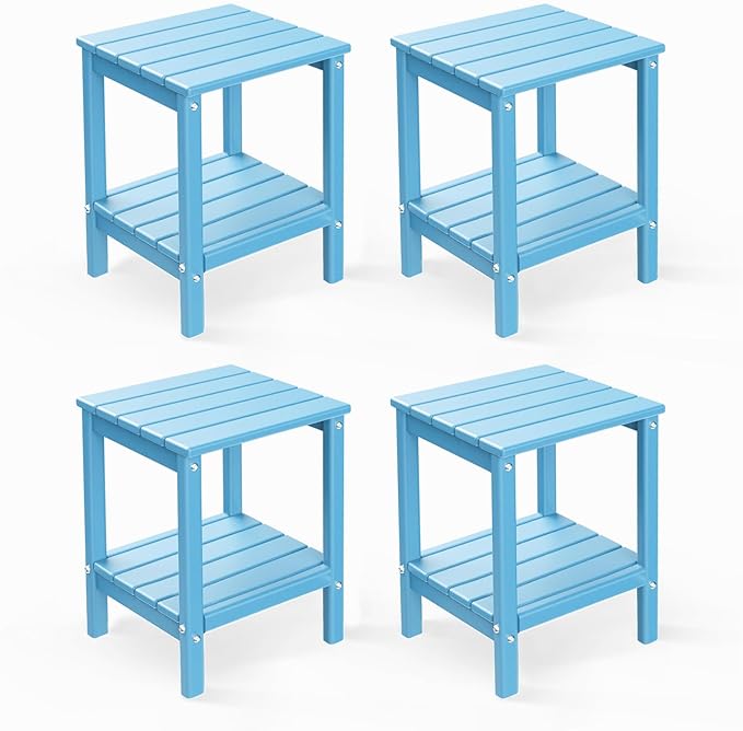 GREENVINES Adirondack-Outdoor-Side-Table | Set of 4 | 14 x 13 Inches | HDPE Plastic | All Weather | Arctic | Outside End Tables | Storage Shelf | for Patio Porch Backyard Indoor