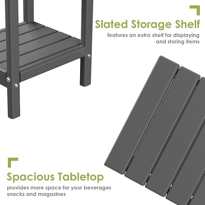 GREENVINES Adirondack-Outdoor-Side-Table | 14 x 13 Inches | HDPE Plastic | All Weather | Grey | Outside End Tables | Storage Shelf | for Patio Porch Backyard Indoor