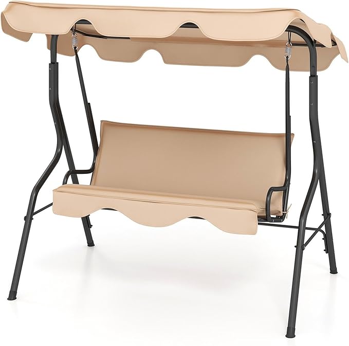Porch Swing Outdoor, 3 Person Patio Swing w/Removable Cushion, Stand & Adjustable Canopy, Heavy Duty Swing Chair for Patio, Garden, Courtyard, Poolside