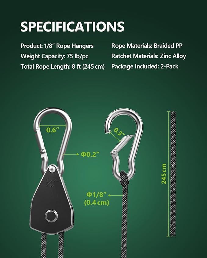 2-Pack 1/8” Adjustable Rope Hanger, Heavy Duty Ratchet Tie Down Strap with Reinforced Metal Gear, Ratcheting Pulley System Bungee Cord for Hanging Plants Grow Light and Various Tie-Down Uses
