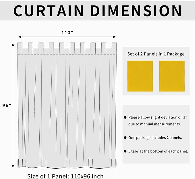 Easy-Going Outdoor Patio Curtains Detachable Tab Top Windproof Weatherproof Curtain for Cabana, Porch, Pergola and Gazebo, Tab Bottom Drape, 2 Panels, 110W x 96L inch, Yellow