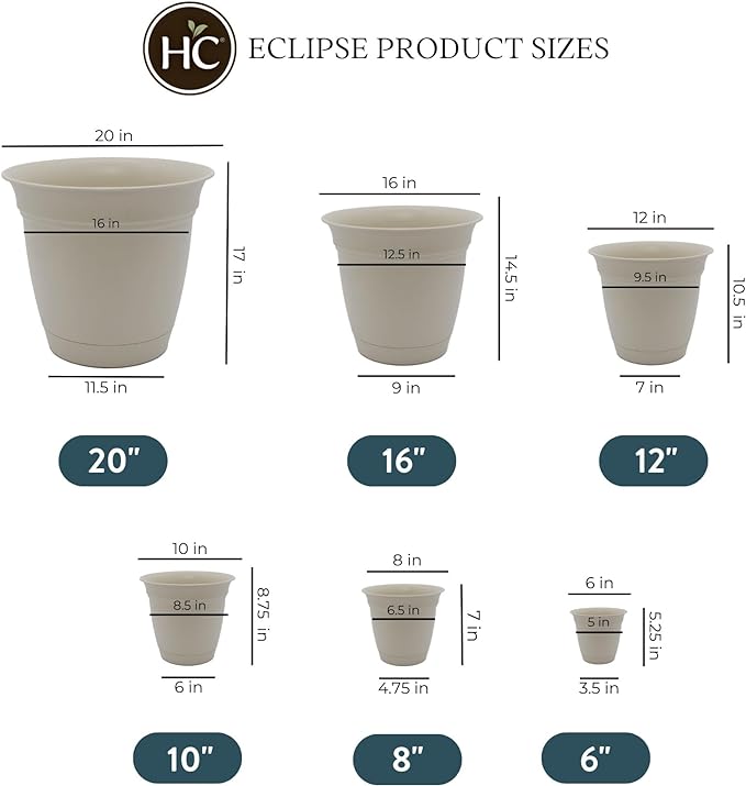 The HC Companies Eclipse Round Planter with Saucer - Outdoor & Indoor Plant Pot with Drainage Holes - Lightweight, UV-Resistant Plastic Pots for Plants, Flowers & Herbs (8" Cottage Stone, Pack of 1)