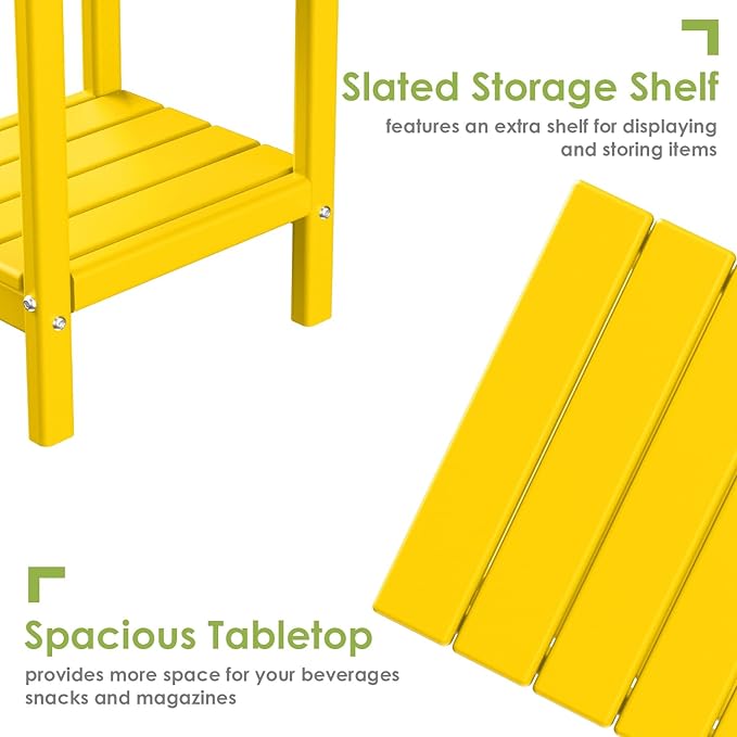 GREENVINES Adirondack-Outdoor-Side-Table | Set of 4 | 14 x 13 Inches | HDPE Plastic | All Weather | Yellow | Outside End Tables | Storage Shelf | for Patio Porch Backyard Indoor