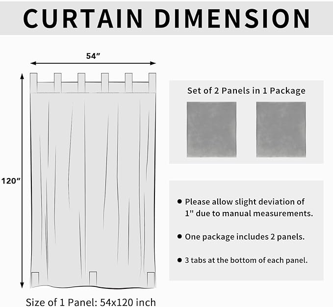Easy-Going Outdoor Patio Curtains Detachable Tab Top Windproof Weatherproof Curtain for Cabana, Porch, Pergola and Gazebo, Tab Bottom Drape, 2 Panels, 54W x 120L inch, Light Grey
