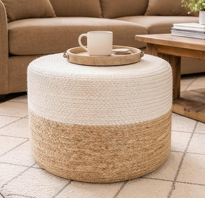 S & L Homes Pouf Ottoman - 100% Jute Braided Footrest Pouf Hand Knitted Traditional Cord Boho Pouffe for Living Room, Bedroom, Nursery, Patio, Lounge Colorblock - Natural Ivory (18”x18”x12”)