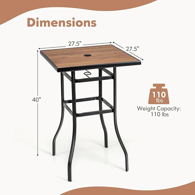 Tangkula 27.5 Inch Patio Bar Table, Outdoor Bar Height Table with 1.5" Umbrella Hole, Wooden-Like Tabletop & Heavy-Duty Metal Frame, Square Bistro High Top Table for Backyard, Balcony, Poolside