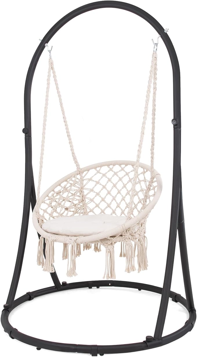 SUNCREAT Hammock Chair with Stand Included, Heavy Duty Hanging Chair with Stand, 330 lbs Capacity, Patent Pending, Beige