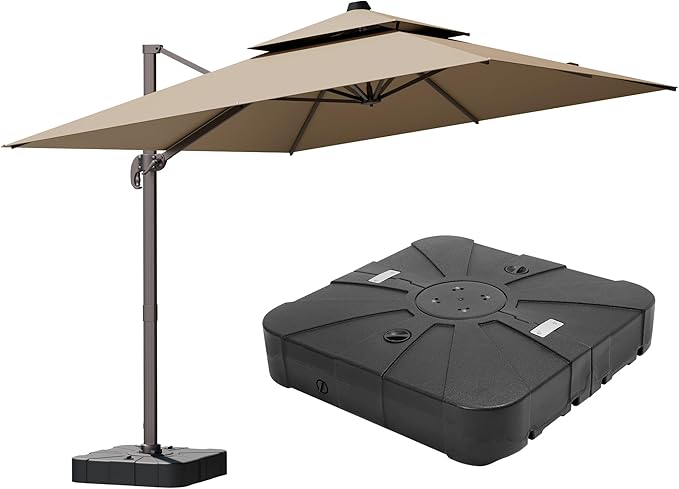10x13FT Beige Brown Cantilever Outdoor Patio Umbrella with Base, Large Rectangular Offset Design, Double Top Heavy Duty Aluminum Frame & 360° Rotation for Pool Garden Deck Backyard