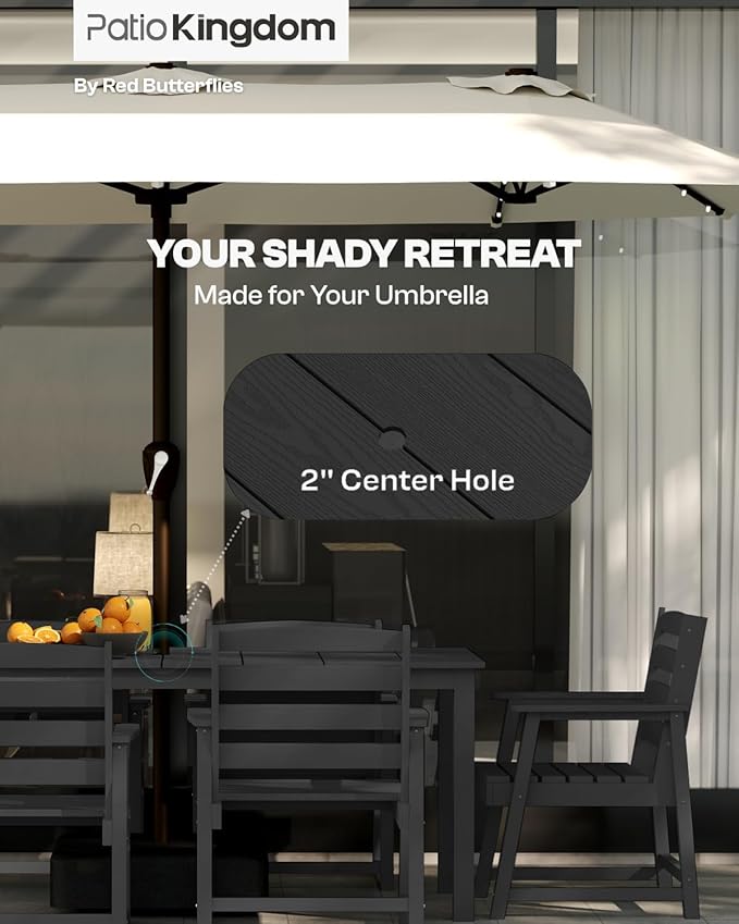 7-Piece Black Outdoor Dining Set for 6, 75.2'' HDPE Table with Umbrella Hole & Chairs, Weather-Resistant Patio Furniture for Garden, Lawn, or Poolside