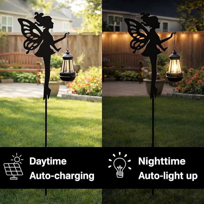 Solar Fairy Garden Lights Outdoor – Spring Decorations Yard Ornaments, Color-Changing LED Fairy Statue with Lantern, Solar Powered Garden Stakes for Patio, Lawn & Pathway Decor (Set of 2)