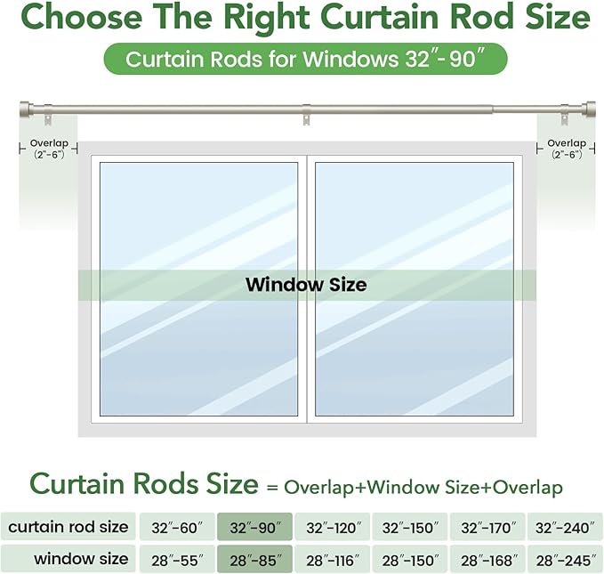 Time Forest Curtain Rods for Windows 48 to 84, 1 Inch Adjustable Heavy Duty Long Window Drapery Rods with End Caps, Indoor Outdoor Curtain Rod for Patio Bedroom, Size 32" - 90", Brushed Nickel