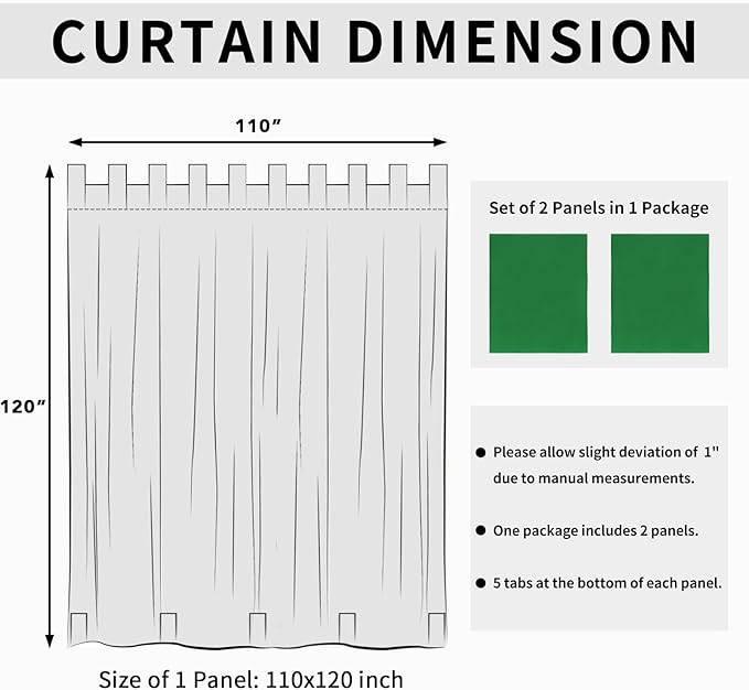 Easy-Going Outdoor Patio Curtains Detachable Tab Top Windproof Weatherproof Curtain for Cabana, Porch, Pergola and Gazebo, Tab Bottom Drape, 2 Panels, 110W x 120L inch, Green