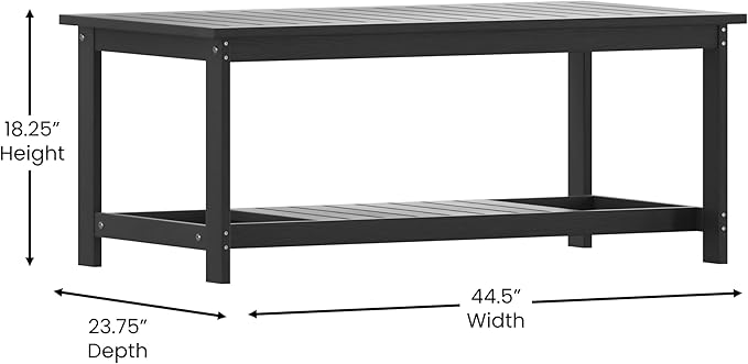 BizChair Two Tiered Commercial Grade Adirondack Coffee Table - Black Finish Poly Resin Wood - All-Weather - Slatted Shelf Design