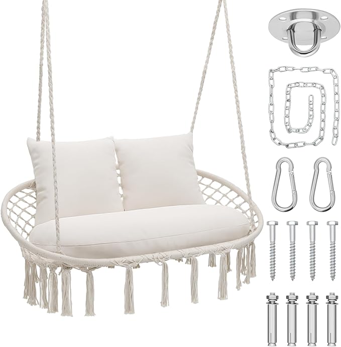 Magshion Double Hammock Swing Chair with 3 Cushions, 700 lbs Capacity, Macrame Hanging Bench for Indoor & Outdoor Use, Cotton Woven Mesh Porch Hanging Rope Swing, Beige