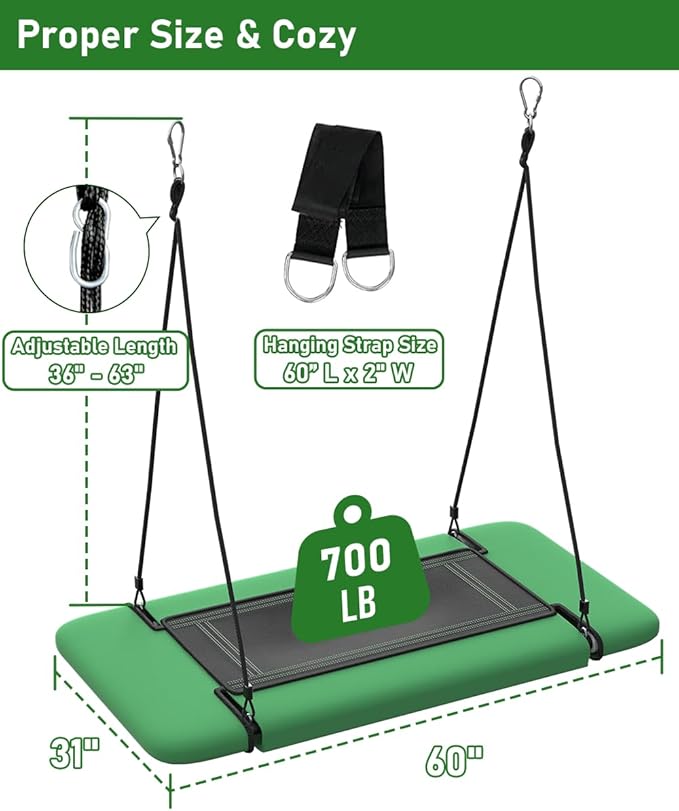60" Retangular Tree Swing for Kids & Adults, Adjustable Platform Swing with Hanging Straps, 700lbs Capacity, Waterproof Giant Swings for Backyard Outdoor & Indoor Use, Green & Black