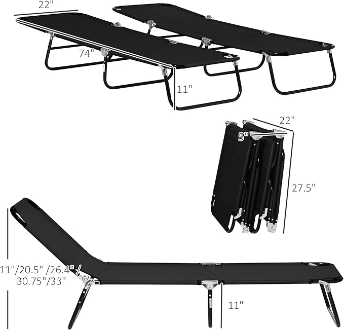 Outsunny 2 Piece Folding Chaise Lounge Pool Chairs, Outdoor Sun Tanning Chairs with 5-Level Reclining Back, Steel Frame for Beach, Yard, Patio, Black
