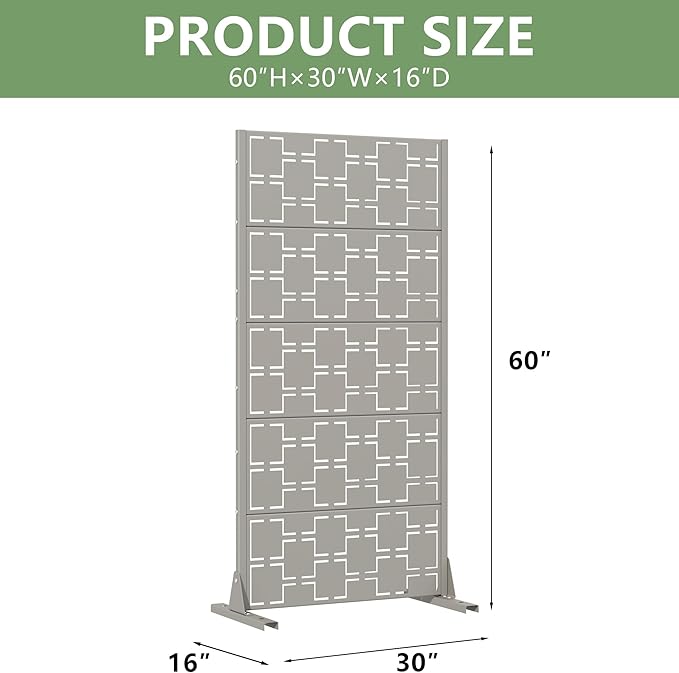 Casaphoria Metal Privacy Screen Outdoor, 60" H x 30" W Freestanding Decorative Privacy Screen for Patio Deck Balcony Garden with Stable Base, Grey-Square
