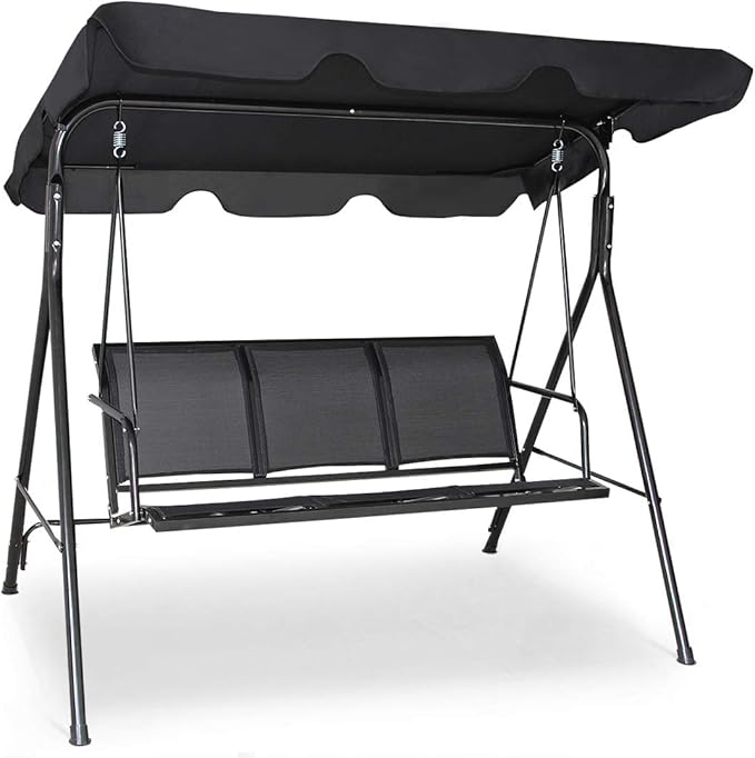 TANGKULA 3 Person Patio Swing, Steel Frame with Polyester Angle Adjustable Canopy, All Weather Resistant Swing Bench, Suitable for Patio, Garden, Poolside, Balcony (Black)