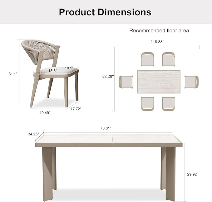 PURPLE LEAF 7-Piece Patio Dining Set Outdoor Furniture Rectangular Table and Chairs Set with Aluminum Frame and Wicker Rattan for Garden Deck Backyard Kitchen Champagne Outdoor Set