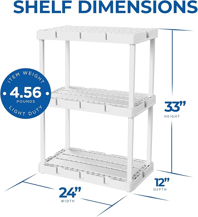 Gracious Living 3 Shelf Knect-A-Shelf Solid Light Duty Storage Unit 12 x 24 x 33" Organizer for Home, Garage, Basement & Laundry, White