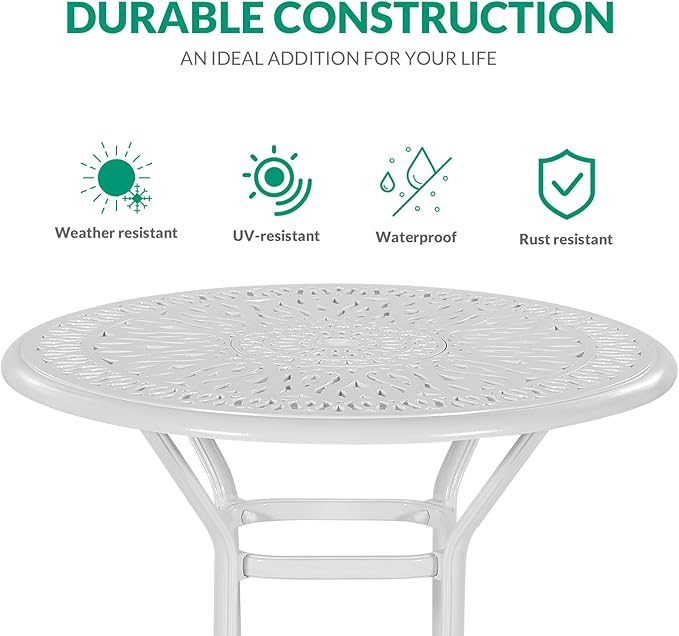 VIVIJASON 5-Piece Patio Swivel Bar Stools Set, All Weather Cast Aluminum Outdoor Bar Height Bistro Set with 4 Cushioned Bar Chairs & 35.4" High Bar Table w/Umbrella Hole for Backyard, Lawn, White